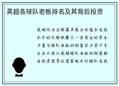 英超各球队老板排名及其背后投资